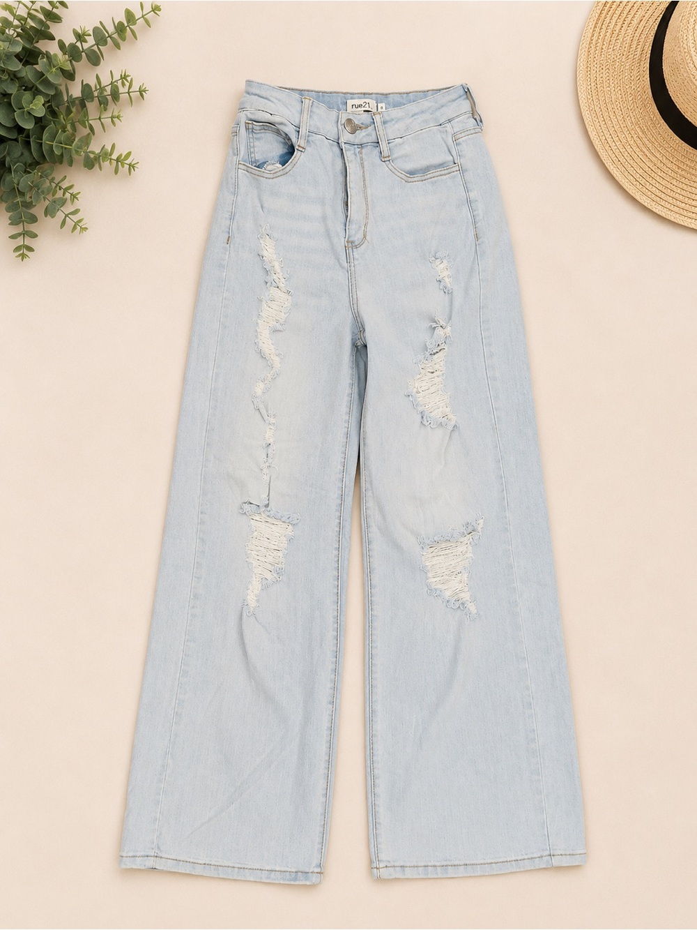 Y2K Wide Leg Distressed Jeans High Rise Light Wash Size 6 29” Inseam